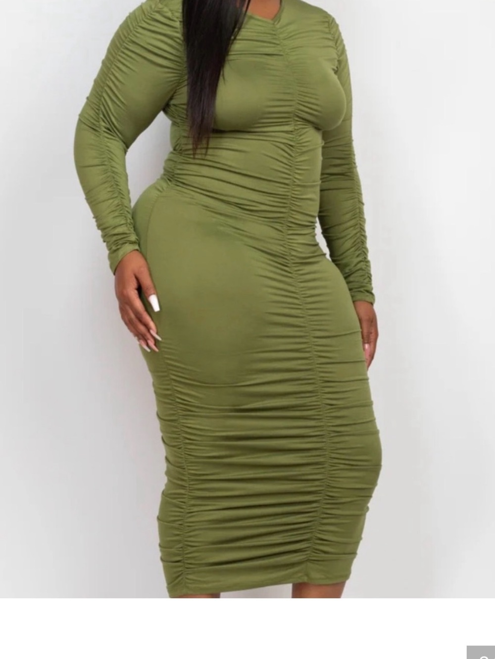 Capella Olive Green Long Sleeve Ruched Midi Dress 496